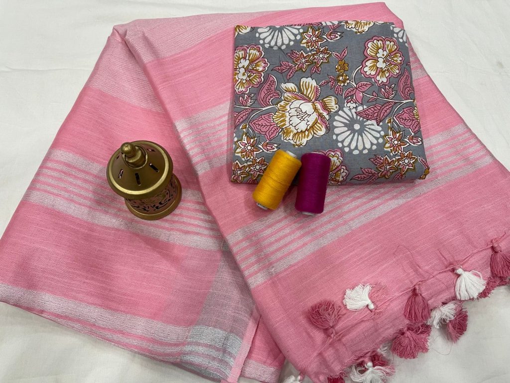 Pink linan saree with printed cotton blouse