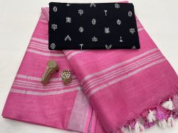 Pink linen saree with printed cotton blouse