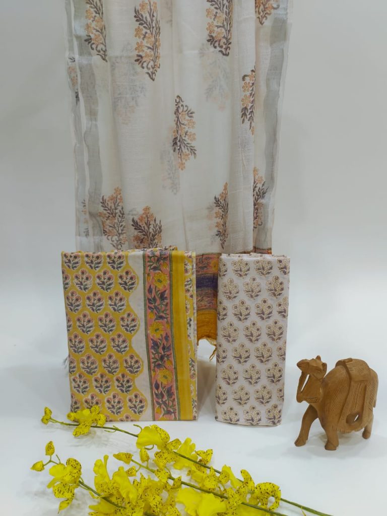 White and yellow Cotton suit with linen dupatta