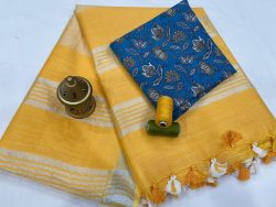 Amber linen saree with printed cotton blouse