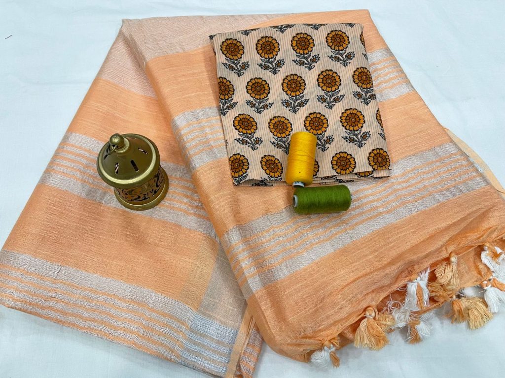 Peach linen saree with printed cotton blouse