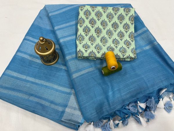 Azure linen saree with printed cotton blouse