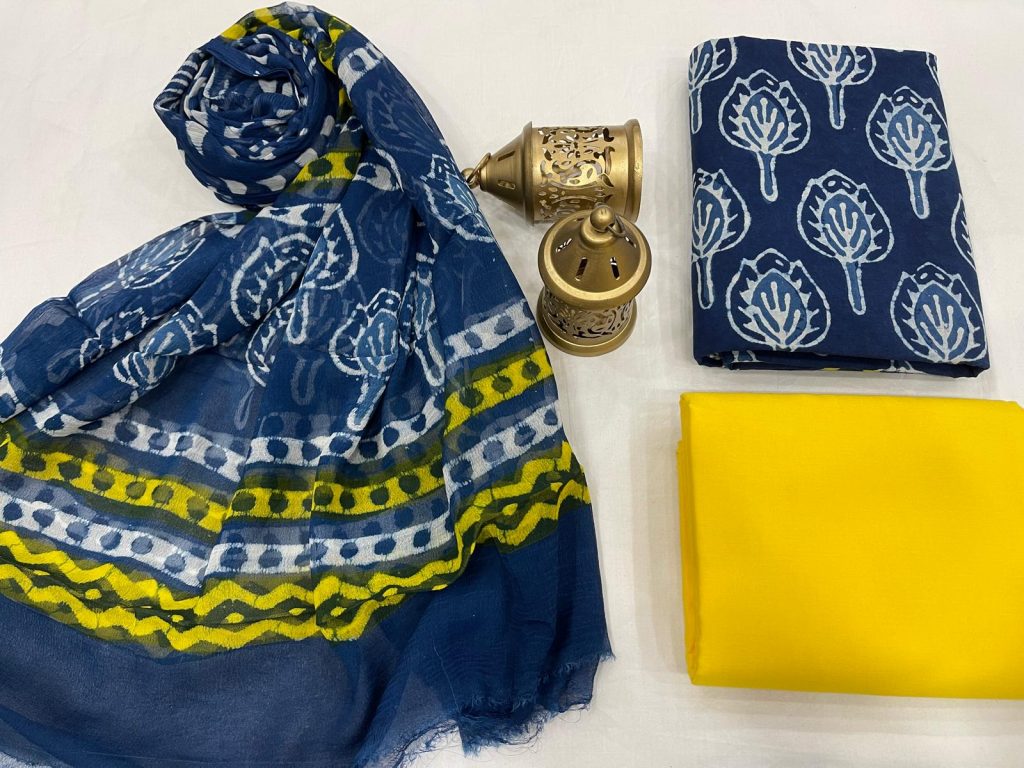 Blue and yellow Cotton suit fabric with chiffon dupatta