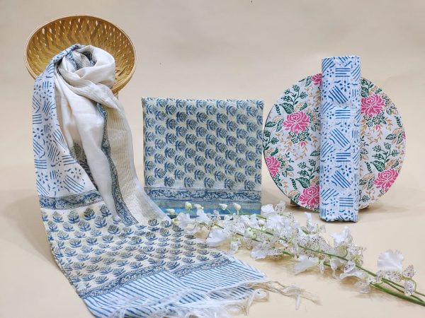 blue and white  Chanderi cotton suit with chanderi cotton dupatta