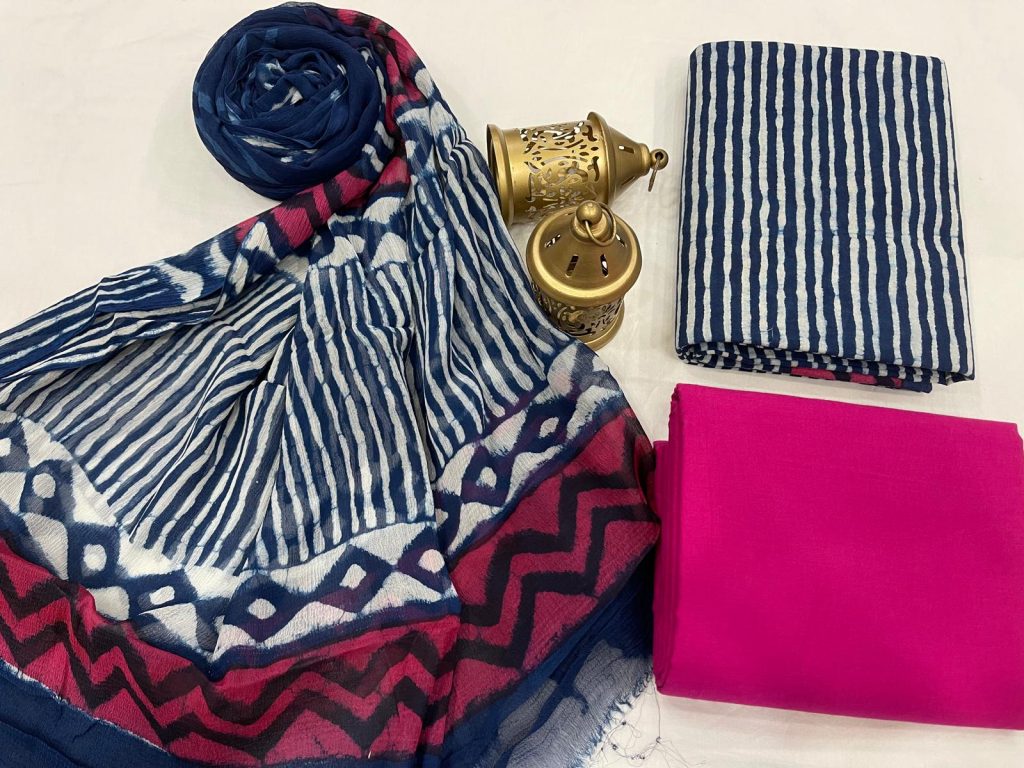 Magenta and blue cotton suits with chiffon dupatta