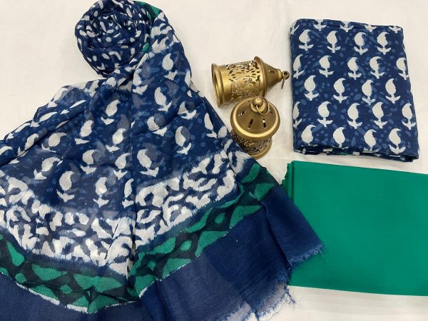 Blue and white Cotton suit fabric with chiffon dupatta