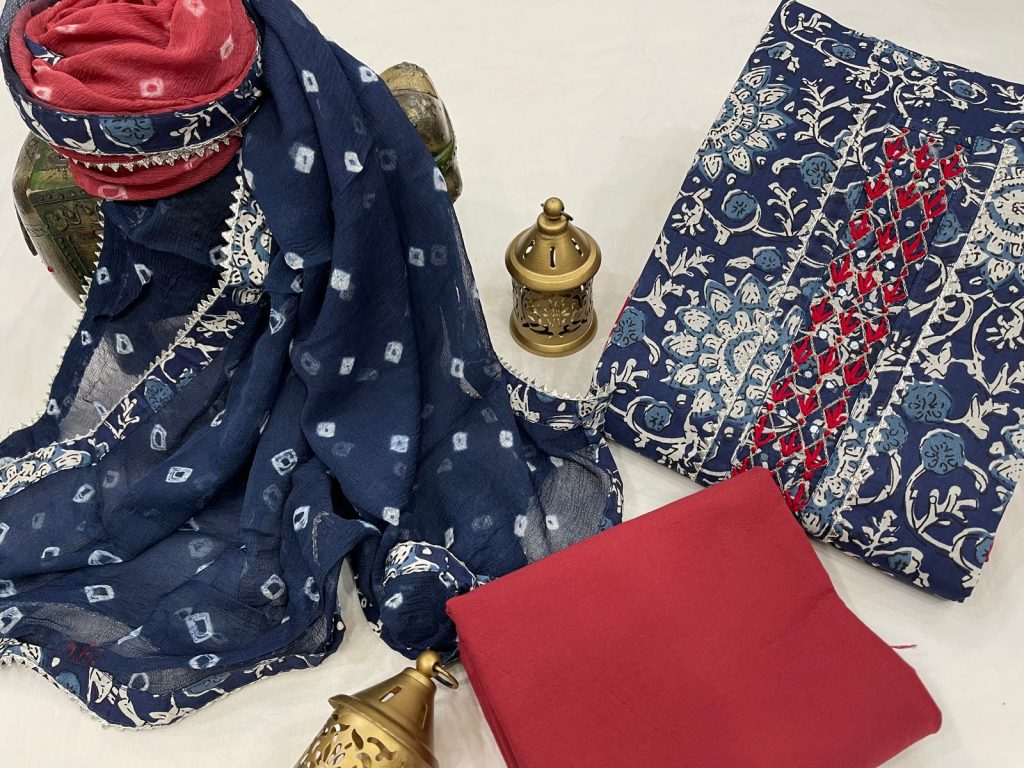Blue and red embroidery salwar suit piece with chiffon dupatta