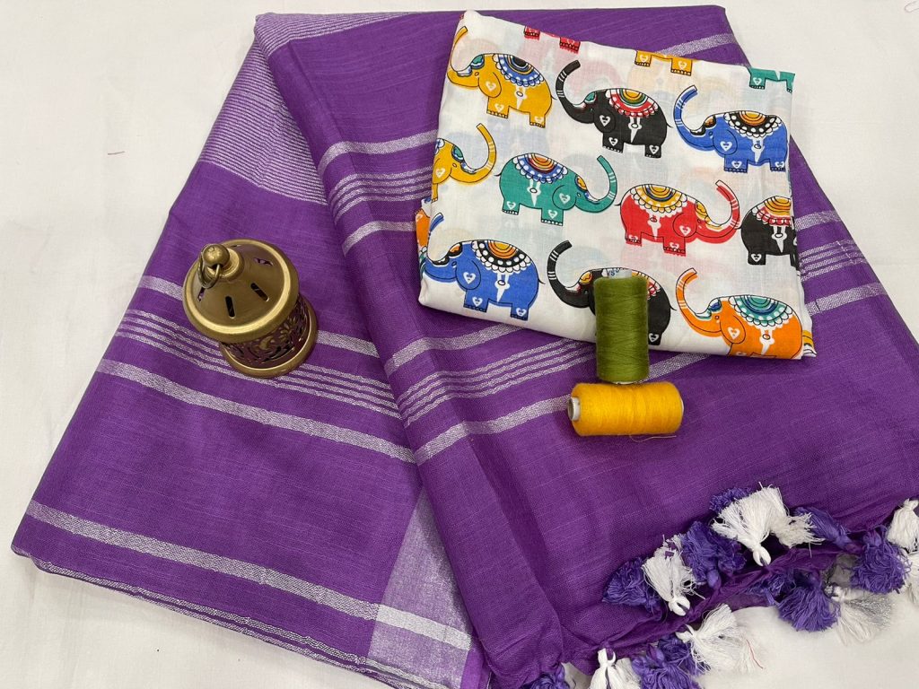 Purple linen saree with printed cotton blouse