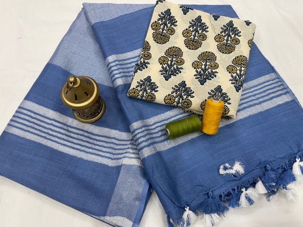Blue linen saree with printed cotton blouse