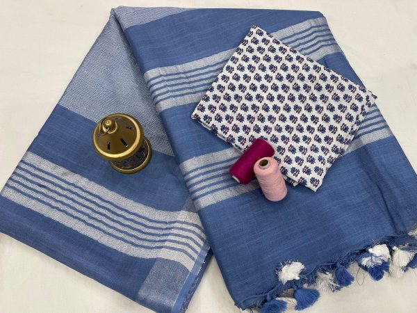 Blue Handloom cotton linen saree