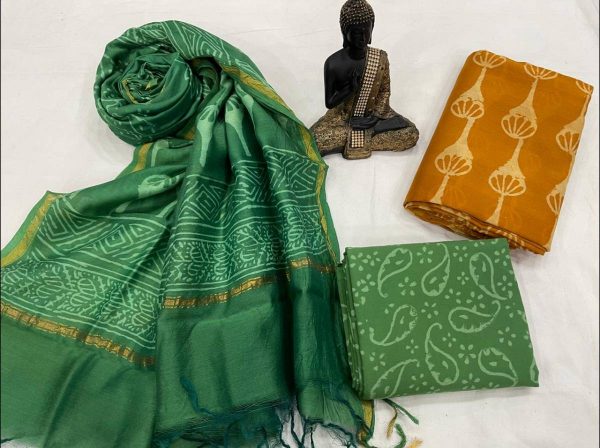 Goldenrod amber and green unstitched chanderi silk suits