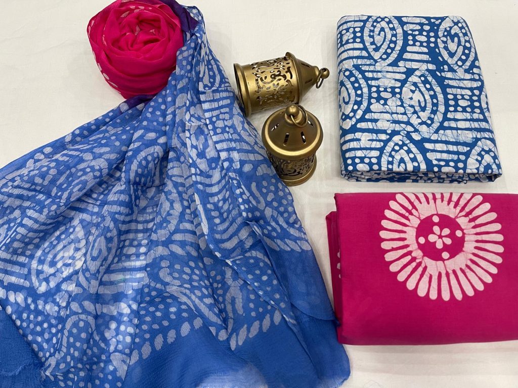 Blue and rose cotton dress materials with chiffon dupatta