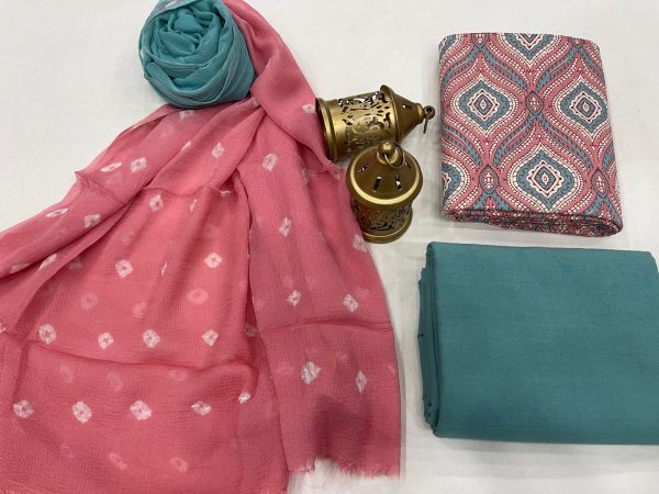 Pink and Acapulco green Cotton suit fabric with chiffon dupatta