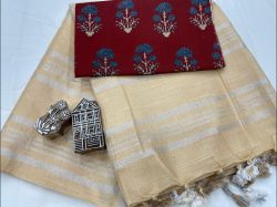 Beige linen saree with printed cotton blouse