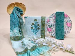 Cyan floral print Chanderi cotton Salwar suit set with chanderi cotton dupatta