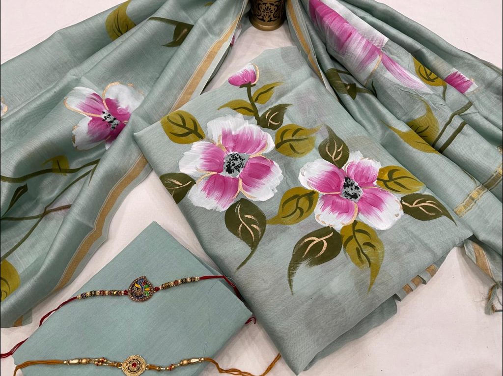 Alice Steel Teal Floral hand painted chanderi suit with dupatta