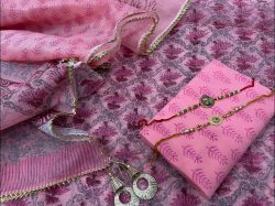 Pink Kota doria suit set with kota doria dupatta with lace and tassels