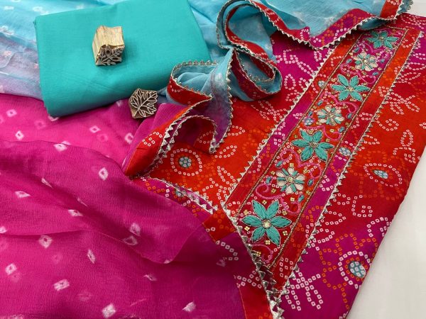 Cotton bandhej cyan and pink orange Gota embroidery suit with chiffon dupatta