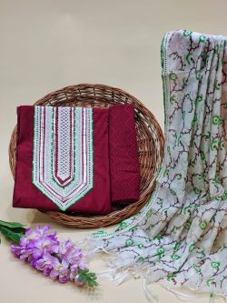 Carmine and white embroidery designs salwar kameez with Chanderi cotton dupatta