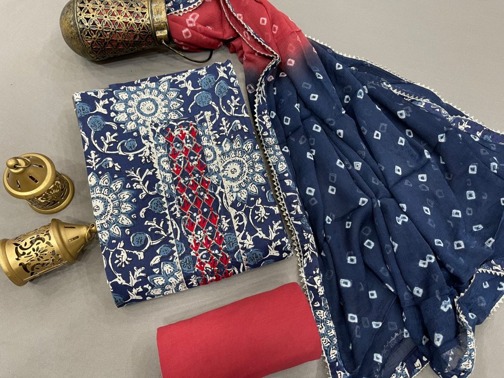 Blue and red embroidery salwar suit piece with chiffon dupatta