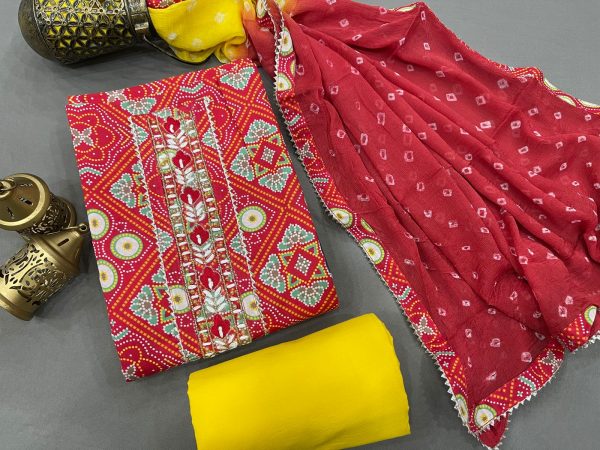 Crimson and Yellow embroidered salwar kameez dress material