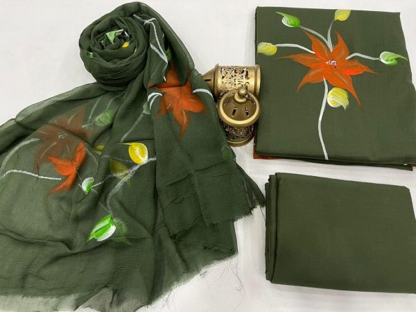 Fern Green Cotton suit fabric with chiffon dupatta
