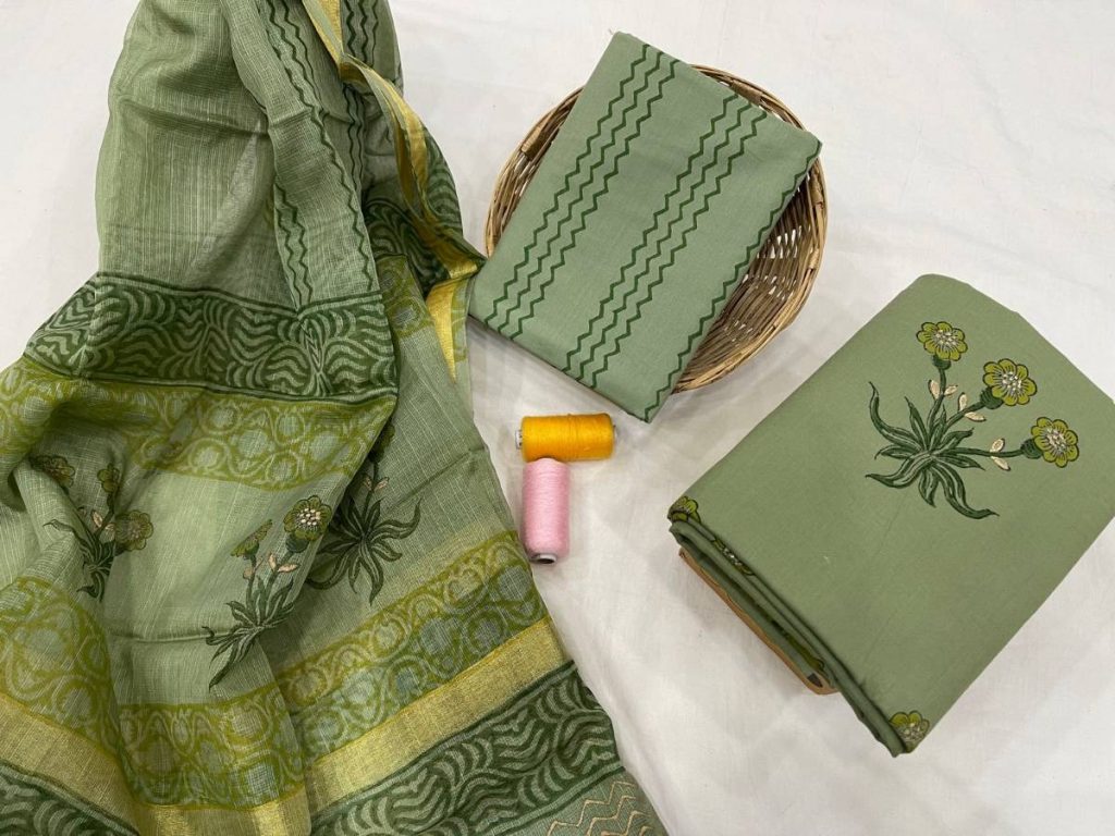 Dull green  cotton suit with silk dupatta