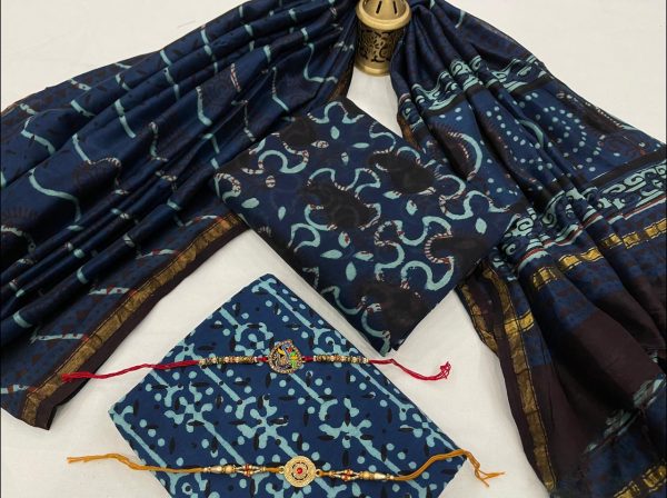 blue chanderi silk unstitched suit With dupatta