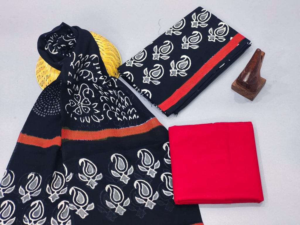 Black and Crimson Pigment print cotton suit with printed dupatta