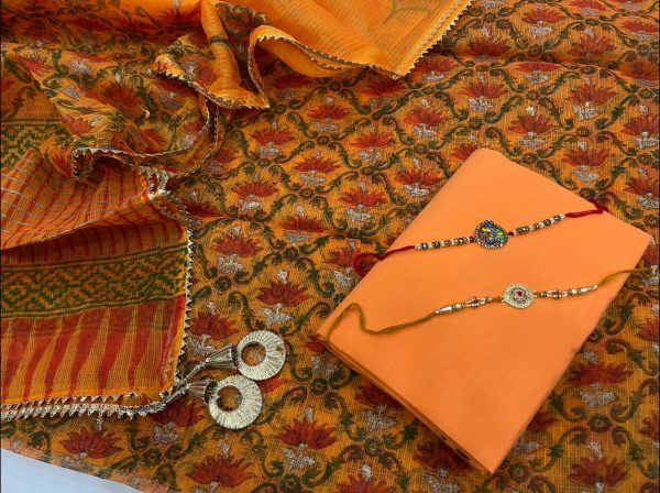 Goldenrod amber floral print Kota doria suit set with kota doria dupatta with lace and tassels