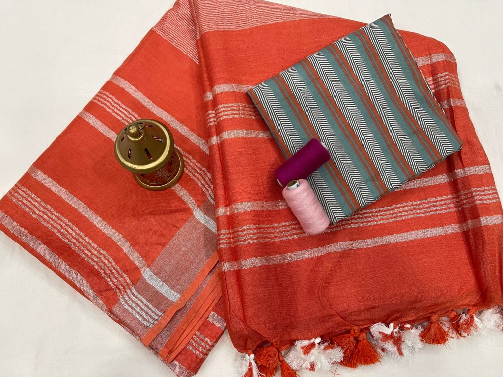 Red orange cotton linen saree with printed cotton blouse