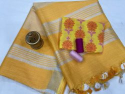 Yellow cotton linen saree with blouse
