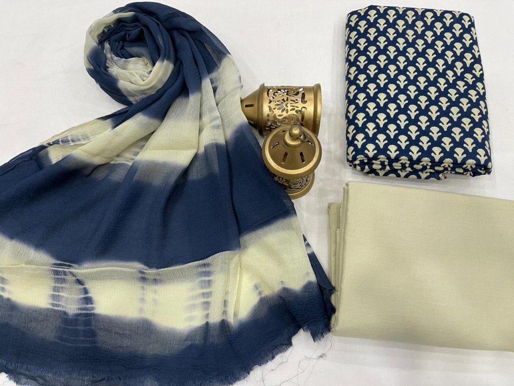 White and Blue  cotton suits with pure chiffon dupatta