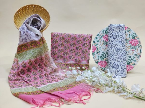 Pink and white Chanderi cotton suit with chanderi cotton dupatta