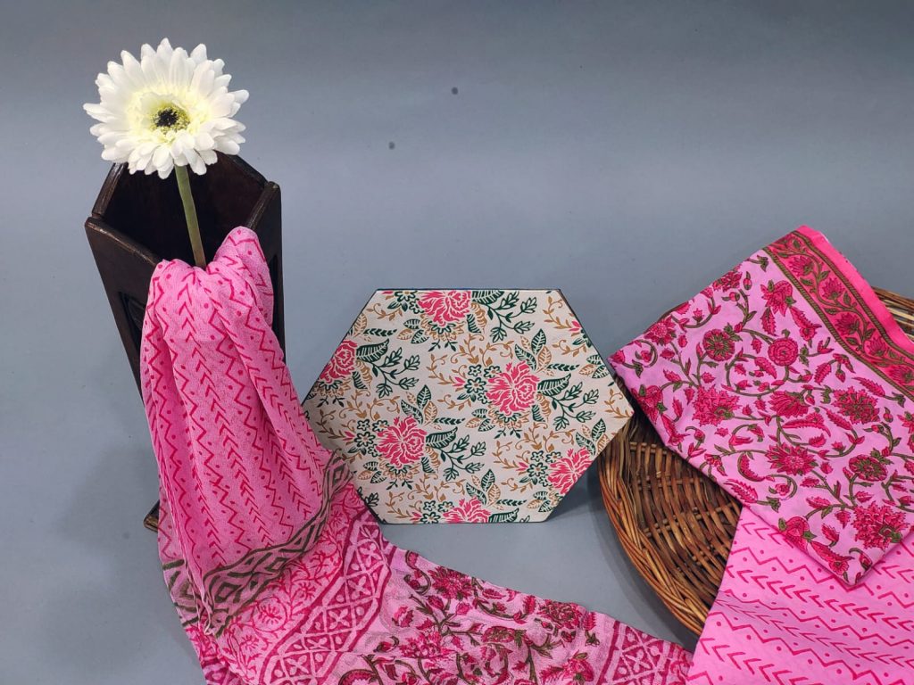 Pink cotton dress materials with chiffon dupatta
