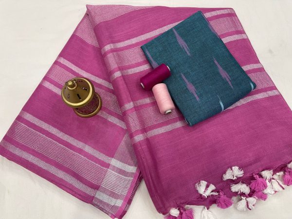 Ruby linen saree with printed cotton blouse