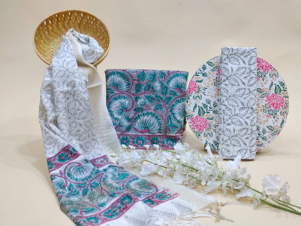 Cyan and white floral print  Chanderi cotton suit with chanderi cotton dupatta