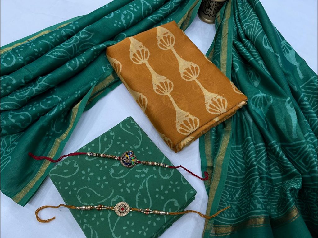 Goldenrod amber and green unstitched chanderi silk suits