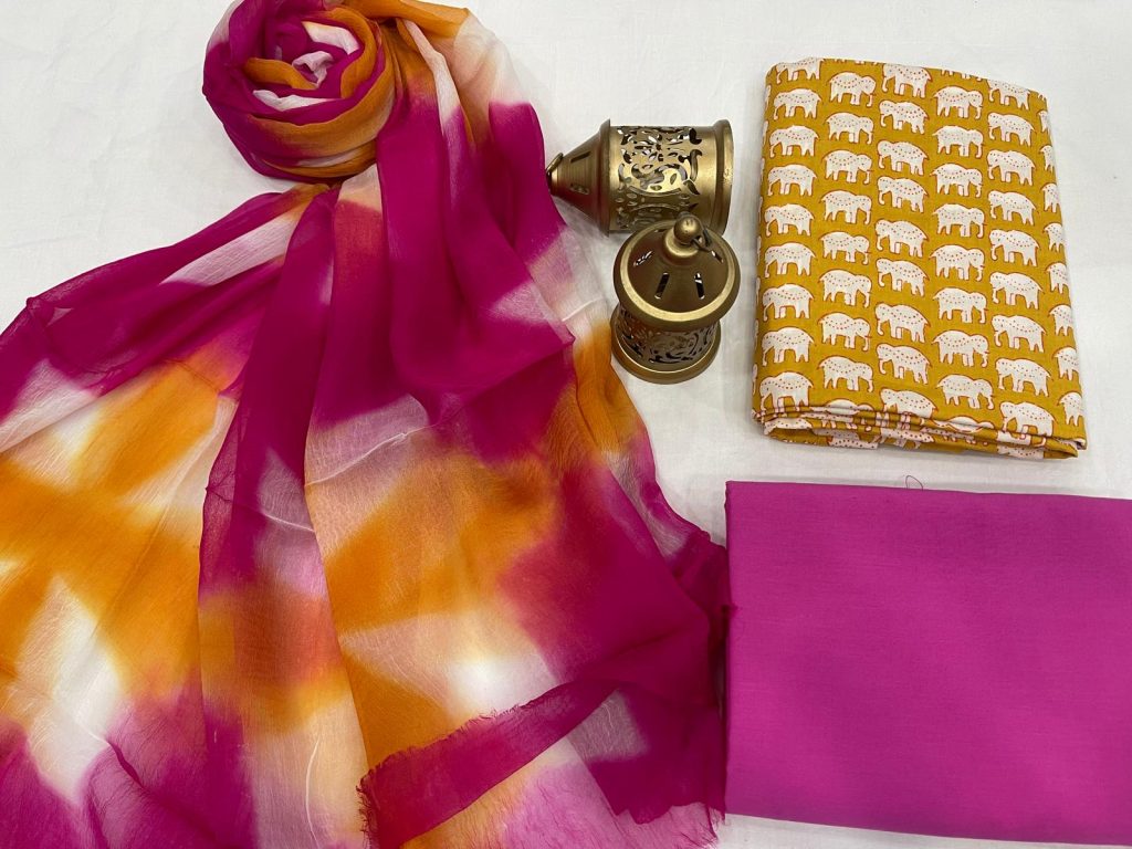 Amber and magenta cotton suits with pure chiffon dupatta