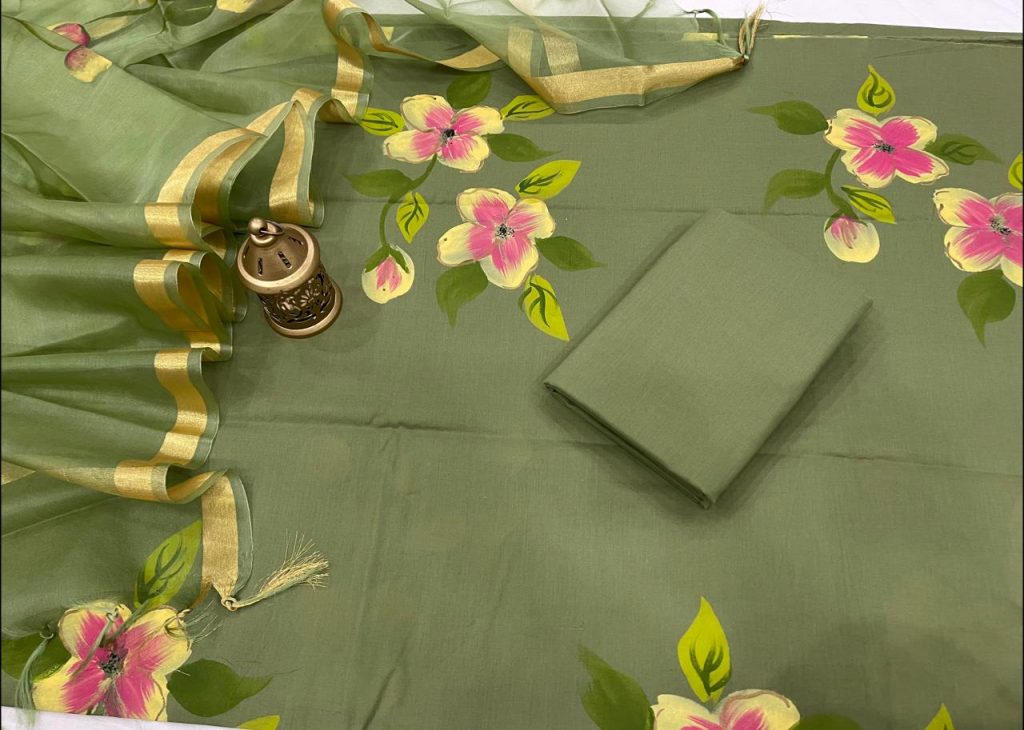 Green cotton salwar kameez suit with kota silk dupatta