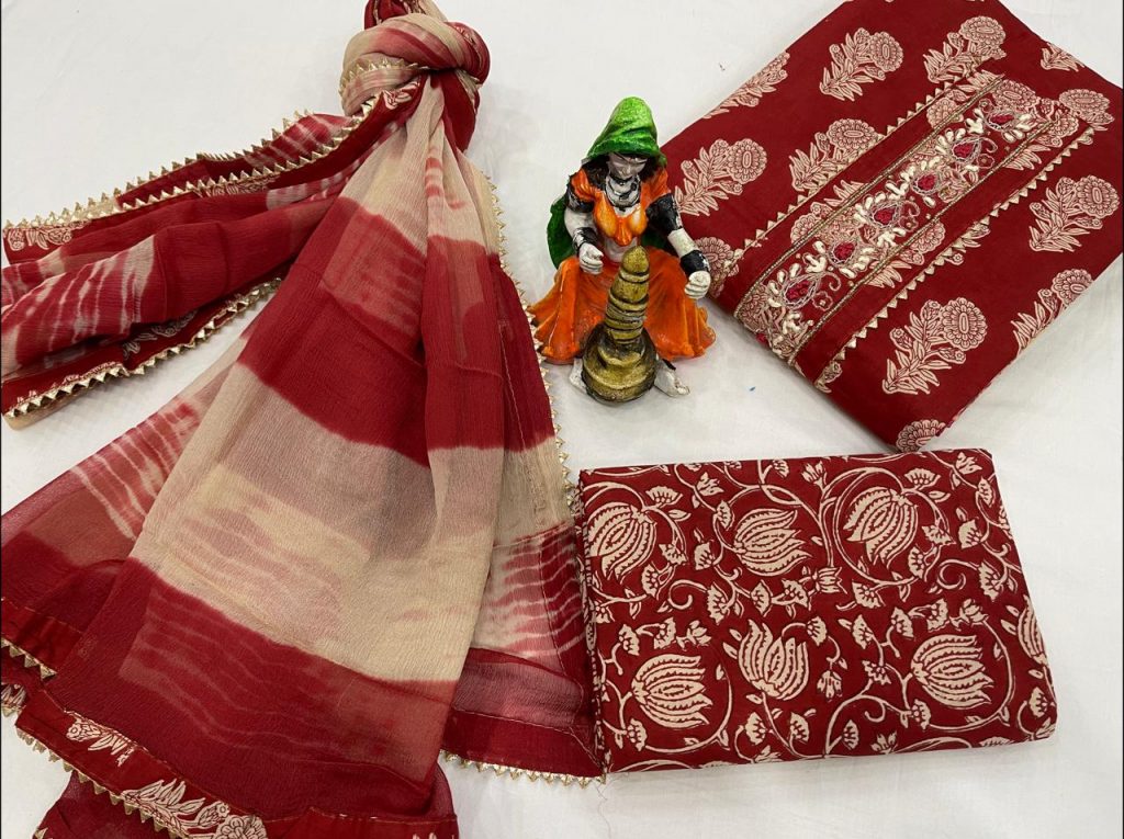 Carmine embroidered salwar kameez with chiffon dupatta online