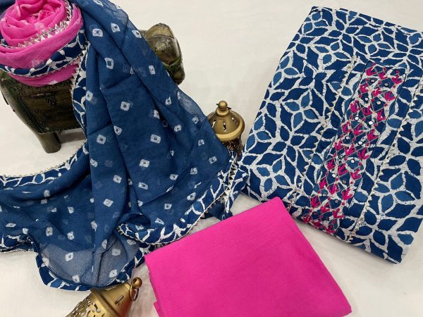 Blue And magenta cotton suits printed gota hand work suit