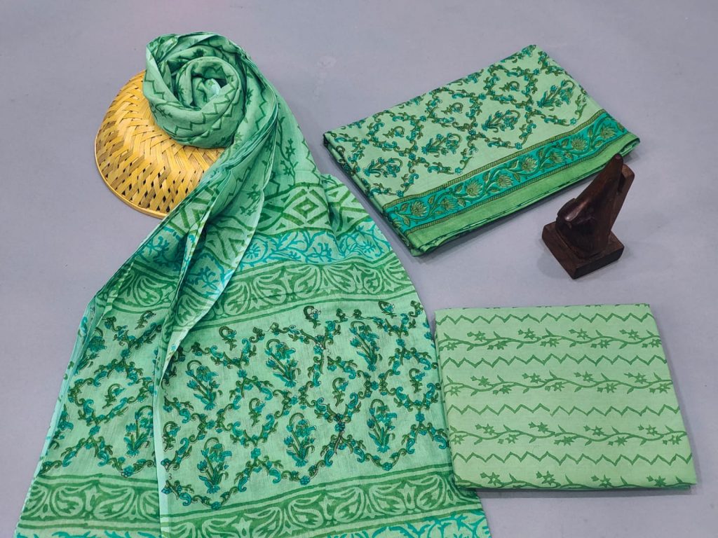 Moss Green cotton suits with cotton dupatta