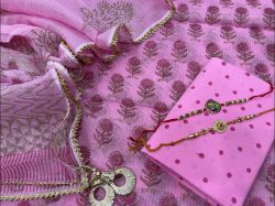 Pink Kota doria suit set with kota doria dupatta with lace and tassels