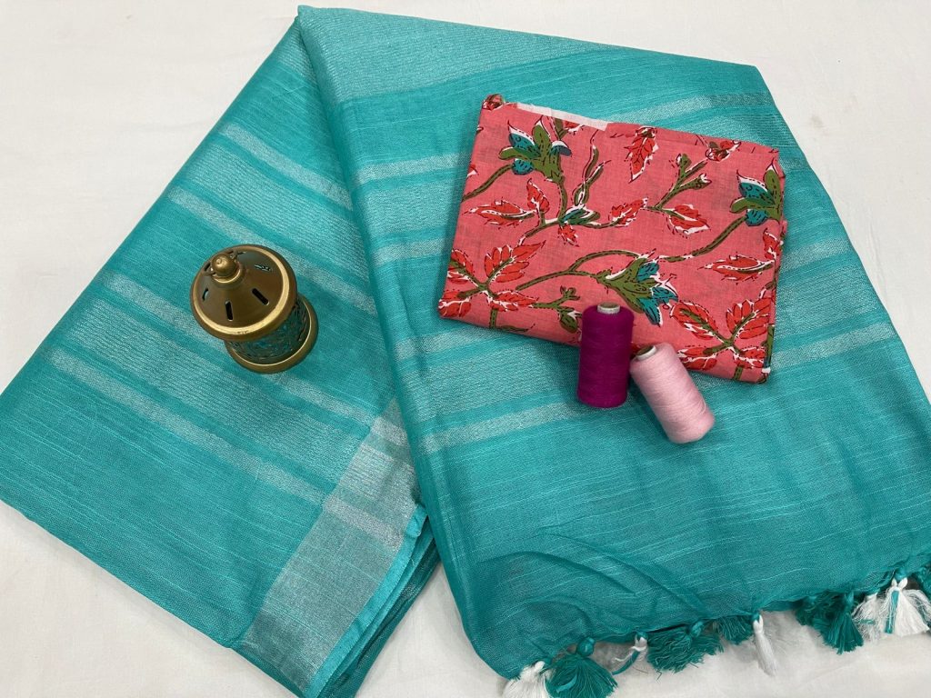Light Teal Blue  linen saree with printed cotton blouse