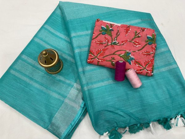 Light Teal Blue  linen saree with printed cotton blouse