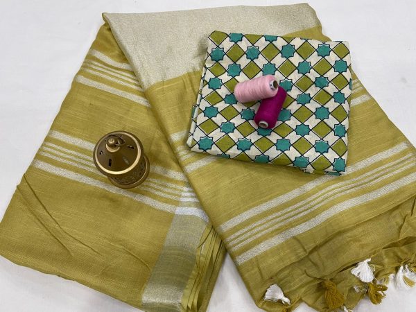 Light Olivetone linen saree with printed cotton blouse