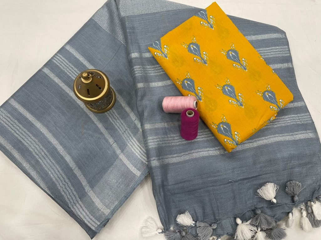 Slate gray linen saree with printed cotton blouse