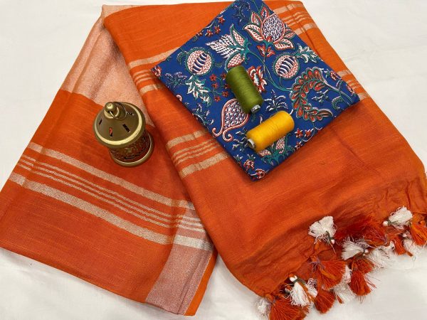 Orange red linan saree with printed cotton blouse