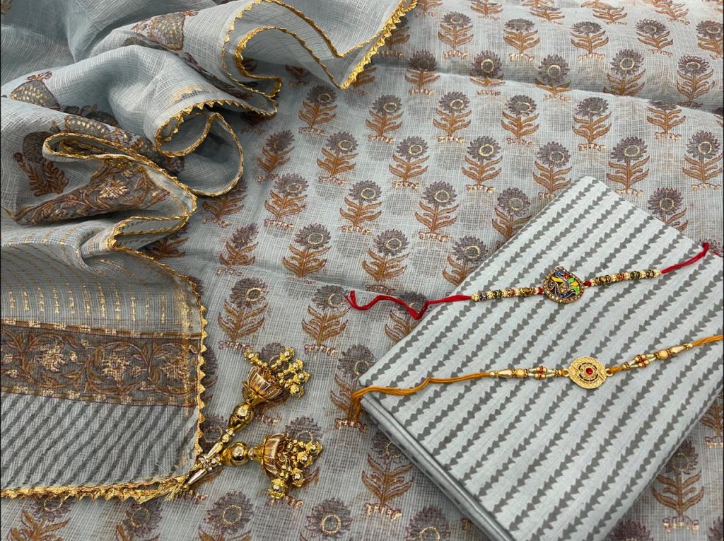 Silver floral print Kota doria suit set with kota doria dupatta with lace and tassels